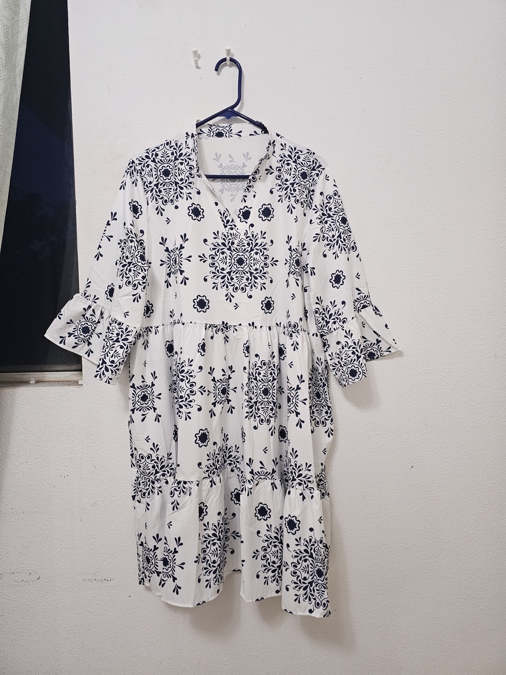 White and Blie Floral Tiered Midi Dress